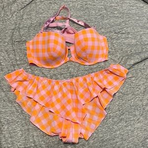 Pink and Orange Balconette Gingham Savage x Fenty Bra and Panty Set
